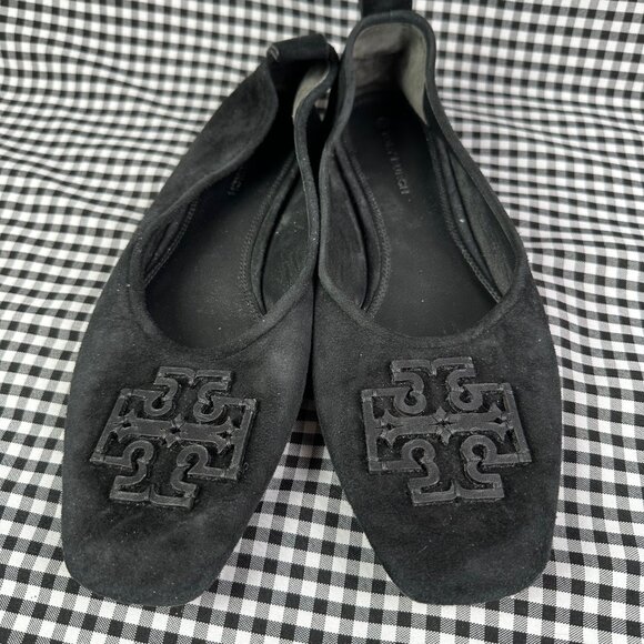 TORY BURCH Georgia Ballet Flats Black Suede Leather Square Toe Size 8.5 - Picture 2 of 4